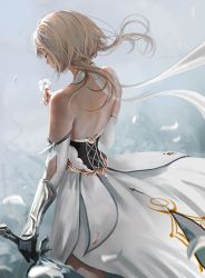 Rule 34 | 1girl, backless dress, backless outfit, bare shoulders, blonde hair, blurry, blurry background, closed eyes, detached sleeves, dress, facing away, flower, gauntlets, genshin impact, highres, holding, holding sword, holding weapon, long hair, lumine (genshin impact), petals, solo, sword, weapon, white dress, white flower, windami