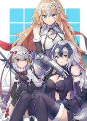 Rule 34 | 3girls, bell, black gloves, black legwear, blonde hair, blue eyes, breasts, chain, cleavage, cleavage cutout, closed mouth, clothing cutout, coyucom, fate/apocrypha, fate/grand order, fate (series), fur trim, gauntlets, gloves, headpiece, highres, jeanne d&#039;arc (fate), jeanne d&#039;arc (ruler) (fate), jeanne d&#039;arc (third ascension) (fate), jeanne d&#039;arc alter (avenger) (fate), jeanne d&#039;arc alter (avenger) (third ascension) (fate), jeanne d&#039;arc alter (fate), jeanne d&#039;arc alter santa lily (fate), long hair, looking at viewer, looking to the side, medium breasts, multiple girls, multiple persona, navel, ribbon, short hair, silver hair, sitting, smile, striped ribbon, thighhighs, yellow eyes