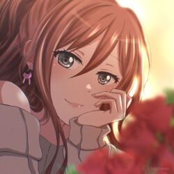 Rule 34 | 1girl, bang dream!, brown hair, commentary, earrings, flower, grey eyes, grey sweater, hair between eyes, highres, imai lisa, jewelry, light rays, ponytail, portrait, rabbit earrings, rose, signature, smile, sweater, symbol-only commentary, xin (blueramen)