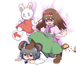 Rule 34 | 2girls, animal ears, aura, bad id, bad pixiv id, blush, boots, brown footwear, brown hair, candy, capelet, chocolate, chocolate bar, commentary request, cookie (touhou), crystal, dress, food, full body, gaba physics, green dress, grey hair, highres, ichigo (cookie), jewelry, long hair, long sleeves, looking at another, mouse ears, mouse girl, multiple girls, nazrin, necktie, nyon (cookie), open mouth, pendant, pink capelet, purple eyes, purple necktie, purple sash, red eyes, sash, shaded face, shirt, short hair, stepped on, stuffed animal, stuffed rabbit, stuffed toy, totozame, touhou, white background, white capelet, white shirt
