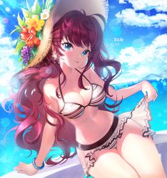 Rule 34 | 10s, 1girl, :3, bad id, bad pixiv id, blue eyes, blush, bracelet, breasts, brown hair, cleavage, cloud, cloudy sky, curvy, day, hat, highres, ichinose shiki, idolmaster, idolmaster cinderella girls, jewelry, large breasts, long hair, looking at viewer, outdoors, signature, sky, smile, solo, sun hat, ttaji (pass35), wide hips