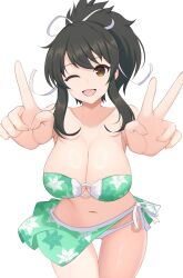 Rule 34 | 1girl, anniversary, asuka (senran kagura), bare shoulders, bikini, breasts, brown eyes, brown hair, cleavage, commentary request, cowboy shot, floral print, foreshortening, green bikini, highres, large breasts, navel, o-ring, o-ring bikini, one eye closed, open mouth, outstretched arms, pointing, pointing up, ponytail, sarong, senran kagura, sidelocks, solo, surippa1010, swimsuit, teeth, upper teeth only, v