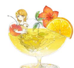 Rule 34 | 1girl, brown hair, cherry, cocktail, cocktail flower, cocktail glass, cup, dress, drinking glass, flower, flower on liquid, food, fruit, grey eyes, hair flower, hair ornament, hanasato minori, highres, holding, holding food, holding fruit, lemon, lemon slice, medium hair, more more jump! (project sekai), nobita ramen, parted lips, partially submerged, project sekai, ribbon, solo, yellow theme