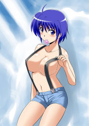 Rule 34 | 00s, 1girl, breasts, cleavage, condom, condom in mouth, large breasts, lyrical nanoha, mahou shoujo lyrical nanoha, mahou shoujo lyrical nanoha strikers, midriff, mouth hold, no bra, open clothes, purple hair, short hair, shorts, solo, subaru nakajima, suspenders, zerosu (take out)