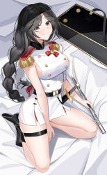 Rule 34 | 1girl, absurdres, band uniform, belt, black belt, black eyes, black footwear, black hair, blush, boots, braid, braided ponytail, breasts, closed mouth, commentary, flute, full body, general liu (girls&#039; frontline), general liu (musings in the morn) (girls&#039; frontline), girls&#039; frontline, highres, holding, holding instrument, instrument, kneeling, long hair, looking at viewer, medium breasts, official alternate costume, on bed, one smoke, simple background, sitting, smile, solo, strapless, thighs, white uniform