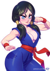 Rule 34 | 1girl, black hair, blue eyes, breasts, cleavage, dragonball z, hand up, looking at viewer, serious, solo, thighs, tomboy, twintails, videl