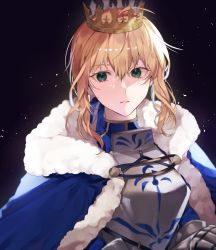 Rule 34 | 1girl, ahoge, armor, artoria pendragon (all), artoria pendragon (fate), bad id, bad twitter id, black background, blonde hair, blue ribbon, breastplate, breasts, commentary request, crown, dress, fate/stay night, fate (series), fur-trimmed robe, fur trim, gauntlets, green eyes, hair between eyes, hair ribbon, highres, light particles, looking at viewer, medium breasts, parted lips, ribbon, robe, royal robe, saber (fate), shimatori (sanyyyy), short hair, solo, teeth, upper body