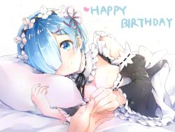 Rule 34 | 1girl, apron, bare shoulders, bed sheet, black dress, blue eyes, blue hair, blush, closed mouth, detached collar, detached sleeves, dress, frilled apron, frilled dress, frilled sleeves, frills, hair ornament, hair over one eye, happy birthday, headdress, heart, juliet sleeves, long sleeves, looking at viewer, lying, maid, maid apron, melings (aot2846), on side, pillow, pov, pov hands, puffy sleeves, re:zero kara hajimeru isekai seikatsu, rem (re:zero), short hair, sidelocks, simple background, smile, solo focus, white apron, white background, wide sleeves, x hair ornament