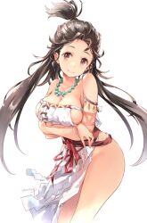 Rule 34 | 1girl, armlet, arms under breasts, bare shoulders, breast hold, breasts, brown eyes, brown hair, cleavage, curvy, fate/grand order, fate (series), forehead, hair slicked back, highres, himiko (fate), himiko (first ascension) (fate), jewelry, large breasts, loincloth, long hair, looking at viewer, magatama, magatama necklace, moupii (hitsuji no ki), necklace, pelvic curtain, sideboob, simple background, solo, strapless, topknot, twintails, white background