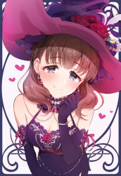 Rule 34 | 1girl, blush, bracelet, braid, breasts, brown hair, cleavage, detached collar, dress, earrings, flower, french braid, gloves, hand on own cheek, hand on own face, hat, hat flower, heart, heart print, idolmaster, idolmaster cinderella girls, jewelry, lace, lace-trimmed gloves, lace trim, necklace, omisoshiru, pearl necklace, purple dress, sakuma mayu, sleeveless, sleeveless dress, smile, solo, upper body, witch, witch hat