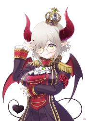 Rule 34 | 1girl, arm under breasts, black nails, breast hold, breasts, coat, contrapposto, crown, demon girl, demon horns, demon tail, emma august, epaulettes, eyeharmheart, fang, fingernails, glasses, highres, horns, looking at viewer, medium breasts, nail polish, nijisanji, official alternate costume, pointy ears, red horns, short hair, silver hair, simple background, skin fang, solo, tail, tilted headwear, virtual youtuber, white background, yellow eyes