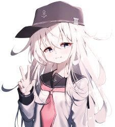 Rule 34 | 1girl, absurdres, anchor symbol, black hat, black sailor collar, blue eyes, blush, closed mouth, dfd, flat cap, grey hair, hair between eyes, hat, hibiki (kancolle), highres, kantai collection, light smile, long hair, long sleeves, looking at viewer, neckerchief, red neckerchief, sailor collar, simple background, solo, upper body, v, white background