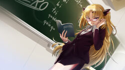 Rule 34 | 1girl, akatsuki uni, ankoku kishi m, black suit, blonde hair, book, chalkboard, collared shirt, cowboy shot, dutch angle, fang, flat chest, formal, glasses, glint, hair ornament, tucking hair, highres, holding, holding book, latin text, long hair, looking at viewer, looking down, parted bangs, pencil skirt, red-framed eyewear, red eyes, shirt, side slit, skirt, solo, suit, teacher, two side up, uni create, vampire, very long hair, virtual youtuber, white shirt