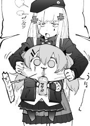 Rule 34 | 2girls, abonnu (adooonnu), armband, beret, cheek pull, chibi, commentary request, cup, disposable cup, drinking, drinking straw, facial mark, girls&#039; frontline, greyscale, hair between eyes, hat, highres, hk416 (girls&#039; frontline), holding, holding cup, jacket, long hair, long sleeves, monochrome, multiple girls, open mouth, pleated skirt, scar, scar across eye, scar on face, skirt, ump9 (girls&#039; frontline)