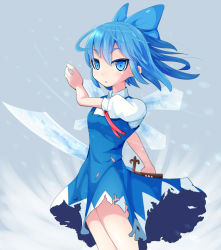 Rule 34 | 1girl, blue eyes, blue hair, bow, cirno, cowboy shot, crystal sword, dress, hair bow, ice, ice wings, looking at viewer, matching hair/eyes, neck ribbon, open mouth, ribbon, sansai (age3joe), scimitar, short hair, snow, solo, sword, torn clothes, touhou, weapon, wind, wings
