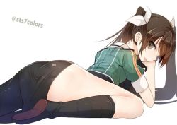 Rule 34 | 10s, 1girl, bad id, bad twitter id, brown eyes, brown hair, hair between eyes, hair ribbon, kantai collection, long hair, no panties, open mouth, ribbon, side slit, single thighhigh, skirt, smile, solo, sts, thighhighs, tone (kancolle), tone kai ni (kancolle), twintails, twitter username, white background