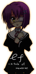 Rule 34 | 1girl, 3kami (uchiba 3ch), cowboy shot, ef (visual novel), eyepatch, long sleeves, looking at viewer, lowres, puffy sleeves, purple hair, school uniform, shindou chihiro, short hair, simple background, smile, solo, standing, white background, yellow eyes