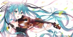 Rule 34 | 1girl, aqua hair, artist name, bad id, bad pixiv id, blush, character name, choker, earrings, floating hair, flower, green eyes, hair flower, hair ornament, hair ribbon, hatsune miku, highres, instrument, jewelry, long hair, looking at viewer, music, open mouth, playing instrument, ribbon, solo, twintails, upper body, urim (paintur), very long hair, violin, vocaloid, white background