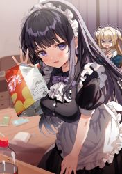 Rule 34 | &gt; &lt;, 2girls, apron, black dress, black hair, blonde hair, blush, bottle, bow, bowtie, chips (food), closed eyes, collared shirt, crying, curtains, dress, floor, food, frilled dress, frills, highres, holding, indoors, kanda done, long hair, looking at viewer, maid, maid apron, maid headdress, multiple girls, neck ribbon, open mouth, original, purple eyes, purple neckwear, red neckwear, ribbon, shirt, short sleeves, smile, solo focus, table, twintails, white shirt, wooden floor