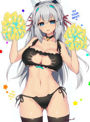 Rule 34 | 1girl, android, artist name, bell, black thighhighs, blue eyes, blush, breasts, cat cutout, cat ear panties, cat lingerie, cheering, cleavage, cleavage cutout, clothing cutout, collar, commentary, cowboy shot, dangan neko, eyebrows, gluteal fold, grey hair, hair between eyes, hair ribbon, hands up, hard-translated, headgear, highres, jingle bell, large breasts, long hair, meme attire, navel, neck bell, open mouth, original, panties, pom pom (cheerleading), red ribbon, ribbon, russia (dangan neko), side-tie panties, simple background, solo, star (symbol), starry background, stomach, symbol-shaped pupils, thighhighs, third-party edit, translated, underwear, white background