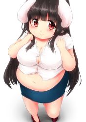 Rule 34 | 1girl, absurdres, animal ears, bad id, bad pixiv id, belly, black hair, blue skirt, blush, breasts, bursting belly, bursting breasts, button gap, cleavage, closed mouth, collared shirt, fat, hands on own chest, happy, high heels, highres, large breasts, long hair, looking at viewer, looking up, midriff, munimuni kinoko, navel, office lady, original, pencil skirt, plump, puuchi (munimuni kinoko), rabbit ears, rabbit girl, red eyes, red footwear, shirt, sidelocks, simple background, skirt, smile, solo, standing, stomach, undersized clothes, white background, white shirt