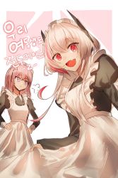 Rule 34 | 2girls, alternate costume, annoyed, apron, bad id, bad twitter id, commentary request, fang, girls&#039; frontline, hair ornament, happy, highres, korean clothes, korean text, m4 sopmod ii (girls&#039; frontline), maid, maid apron, maid headdress, multicolored hair, multiple girls, pink hair, st ar-15 (girls&#039; frontline), streaked hair, xanax025