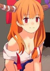 Rule 34 | 1girl, blouse, blue skirt, blush, bow, bowtie, breasts, brown horns, cleavage, closed mouth, commentary request, cookie (touhou), cowboy shot, highres, horns, ibuki suika, leaning forward, leftame, long hair, looking at viewer, medium breasts, off shoulder, orange hair, photo-referenced, red bow, red bowtie, red eyes, shirt, skirt, smile, solo, touhou, undone bowtie, white shirt, yamin (cookie)