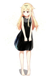 Rule 34 | 10s, 1girl, alternate costume, bare arms, bare legs, bare shoulders, barefoot, black dress, black ribbon, blonde hair, blush, closed mouth, collarbone, dress, expressionless, hair flaps, hair ornament, hair ribbon, hairclip, highres, kantai collection, long hair, looking away, looking to the side, no legwear, pigeon-toed, red eyes, ribbon, simple background, single sidelock, sleeveless, sleeveless dress, solo, unajuu (set mk), white background, yuudachi (kancolle), yuudachi kai ni (kancolle)