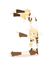 Rule 34 | 1boy, 1girl, blonde hair, blue eyes, bow, closed eyes, commentary request, detached sleeves, hair bow, headset, highres, kagamine len, kagamine rin, leg warmers, letter pose, necktie, oboro 0x0, open mouth, outstretched arms, sailor collar, short ponytail, shorts, sitting, speech bubble, spoken number, vocaloid, white bow, white footwear