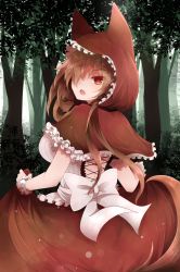 Rule 34 | 1girl, alternate costume, animal ears, arano oki, back, breasts, brown hair, cosplay, dress, female focus, grimm&#039;s fairy tales, hair over one eye, highres, hood, imaizumi kagerou, large breasts, little red riding hood, little red riding hood (grimm), little red riding hood (grimm) (cosplay), long hair, looking at viewer, looking back, open mouth, red eyes, solo, tail, touhou, tsurime, wolf ears, wolf tail, wrist cuffs