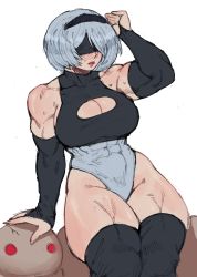 Rule 34 | 1girl, absurdres, arm support, black blindfold, black hairband, blindfold, breasts, bridal gauntlets, cleavage cutout, clothing cutout, gabriel ales, hairband, highres, large breasts, legs together, leotard, muscular, muscular female, nier (series), nier:automata, short hair, simple background, sitting, solo, sweat, white background, 2b (nier:automata)