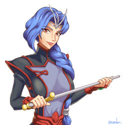 Rule 34 | 1girl, absurdres, blue hair, bodysuit, braid, breasts, circlet, highres, holding, holding sword, holding weapon, lipstick, long hair, looking at viewer, makeup, medium breasts, military uniform, mixed-language commentary, red eyes, rezzealaux, seikai no senki, smile, spoor, standing, sword, twitter username, uniform, very long hair, weapon