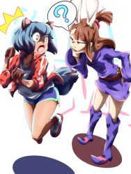 Rule 34 | 2girls, ?, animal ears, aqua hair, artist request, body fur, brand new animal, brown eyes, brown hair, furry, furry female, hand on own chin, highres, jacket, jumping, kagari atsuko, kagemori michiru, little witch academia, luna nova school uniform, multicolored eyes, multiple girls, open mouth, rabbit ears, rabbit nose, raccoon ears, raccoon girl, raccoon tail, school uniform, shoes, sneakers, spoken question mark, squinting, surprised, tail, track jacket, trait connection, trigger (company)