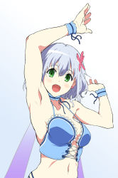 Rule 34 | 10s, 1girl, amagi brilliant park, armpits, arms up, blue hair, blush, breasts, dress, flower, gradient background, green eyes, hair flower, hair ornament, large breasts, muse (amaburi), navel, official style, open mouth, short hair, simple background, smile, solo, strap gap, strapless, strapless dress, white background, wrist cuffs, yoshiki360