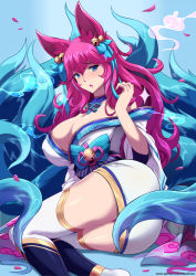 Rule 34 | 1girl, absurdres, ahri (league of legends), animal ears, ass, bare shoulders, bell, blue eyes, blush, breasts, cleavage, fox ears, fox girl, fox tail, highres, japanese clothes, kimono, large breasts, league of legends, long hair, looking at viewer, multiple tails, petals, pink hair, spirit blossom ahri, tagme, tail, thighhighs, torahime (roland00), twisted torso, very long hair, zettai ryouiki
