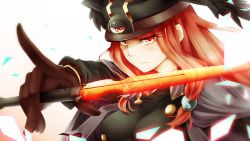 Rule 34 | 1girl, bad id, bad pixiv id, blazblue, brown gloves, close-up, eyeball, gloves, gradient background, hair bobbles, hair ornament, hat, highres, holding, holding sword, holding weapon, pointing, red eyes, red hair, reflection, serious, simple background, snm (sunimi), solo, sword, third eye, tsubaki yayoi, upper body, weapon, white background