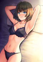 Rule 34 | 1girl, armpits, arms up, asarime, bad id, bad pixiv id, bed sheet, black bra, black panties, blue eyes, blush, bra, breasts, brown hair, cleavage, closed mouth, collarbone, commentary request, green eyes, heterochromia, highres, idolmaster, idolmaster cinderella girls, looking at viewer, lying, medium breasts, mole, mole under eye, navel, nose blush, on back, on bed, panties, pillow, short hair, smile, solo, stomach, takagaki kaede, underwear, underwear only