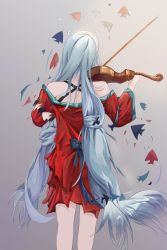Rule 34 | 1girl, absurdres, arknights, bare shoulders, chinese commentary, commentary request, criss-cross halter, dress, feet out of frame, from behind, grey background, grey hair, halterneck, highres, holding, holding instrument, holding violin, instrument, long hair, long sleeves, music, muzi (07muzi), no headwear, off-shoulder dress, off shoulder, playing instrument, red dress, short dress, simple background, skadi (arknights), skadi the corrupting heart (arknights), solo, standing, very long hair, violin