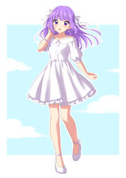 Rule 34 | 1girl, absurdres, aikatsu!, aikatsu! (series), bad id, bad twitter id, blue background, border, dress, earrings, floating hair, full body, hair ribbon, hand up, high heels, highres, hikami sumire, jewelry, long hair, looking at viewer, outline, parted lips, puffy short sleeves, puffy sleeves, purple eyes, purple hair, ribbon, sekina, short sleeves, solo, standing, standing on one leg, white border, white dress, white footwear, white outline, white ribbon