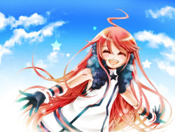 Rule 34 | 1girl, ahoge, cloud, cuffs, day, dress, closed eyes, gloves, long hair, open mouth, red hair, sf-a2 miki, sky, smile, solo, star (symbol), vocaloid, yanagisato ao