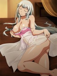 Rule 34 | 1girl, ass, breasts, chouun shiryuu, closed eyes, highres, ikkitousen, ikkitousen great guardians, large breasts, legs, long hair, lying, official art, smile, solo, white hair