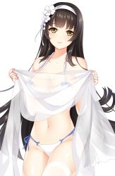 Rule 34 | 1girl, bare shoulders, bikini, breasts, brown hair, cleavage, collarbone, floating hair, flower, girls&#039; frontline, hair flower, hair ornament, hairband, large breasts, lips, loading (verjuice), long hair, looking at viewer, navel, official alternate costume, parted lips, see-through, side-tie bikini bottom, simple background, single thighhigh, smile, solo, straight hair, swimsuit, thighhighs, thighs, transparent background, type 95 (girls&#039; frontline), type 95 (summer cicada) (girls&#039; frontline), veil, white background, white bikini, white thighhighs, yellow eyes