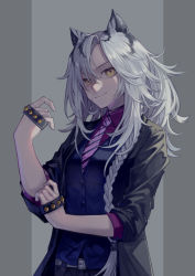 Rule 34 | 1girl, absurdres, animal ears, arknights, black jacket, blue shirt, braid, commentary, grey background, grey hair, hand up, highres, indra (arknights), indra (valiant general) (arknights), jacket, long braid, long hair, looking at viewer, miike (992058), necktie, official alternate costume, open clothes, open jacket, purple necktie, shirt, single braid, smile, solo, striped necktie, tiger ears, upper body, yellow eyes