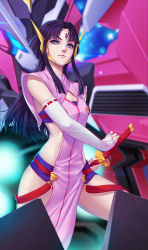Rule 34 | 1girl, black hair, blue eyes, blurry, blurry background, breasts, cross ange, enryugo, forehead jewel, gio tengco, highres, holding, holding sword, holding weapon, katana, looking at viewer, mecha, parted bangs, pelvic curtain, robot, salamandinay, science fiction, sheath, small breasts, sword, unsheathing, v-shaped eyebrows, visor, weapon