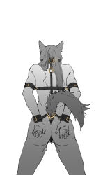 Rule 34 | 1girl, animal ears, arms behind back, ass, back, bare arms, bare legs, bare shoulders, bdsm, belt, bondage, bondage outfit, bound, collarbone, iceky, long hair, nude, original, simple background, solo, tail, white background, wolf ears, wolf girl, wolf tail, wrist cuffs