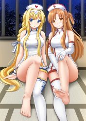 Rule 34 | 2girls, alice zuberg, arm support, asuna (sao), asymmetrical legwear, bare legs, bare shoulders, barefoot, blonde hair, blue eyes, blush, bow, braid, breasts, brown eyes, closed mouth, commentary, dress, elbow gloves, feet, frills, gloves, hair between eyes, hair bow, hand on own knee, hat, heart, highres, indoors, kazenokaze, legs, light brown hair, long hair, looking at viewer, medium breasts, multiple girls, night, night sky, nurse, nurse cap, parted lips, sidelocks, single braid, single thighhigh, sitting, sky, sleeveless, sleeveless dress, smile, soles, star (sky), starry sky, striped, striped bow, sword art online, thighhighs, toenails, toes, uneven legwear, very long hair, white bow, white dress, white gloves, white hat, white thighhighs, wrist cuffs