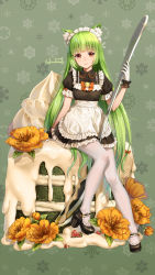 Rule 34 | 1girl, animal ears, apron, artist name, black footwear, blunt bangs, brown eyes, cake, cat ears, flower, food, fruit, full body, glint, gloves, green background, green hair, haneru, high heels, highres, icing, long hair, looking at viewer, maid apron, maid headdress, mary janes, moegirlpedia-tan, os-tan, oversized food, oversized object, pantyhose, scrunchie, shoes, short sleeves, sitting, smile, snowflakes, solo, spoon, strawberry, very long hair, white gloves, white pantyhose, wrist scrunchie