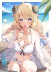 Rule 34 | 1girl, absurdres, ahoge, alternate costume, beach, bikini, bird, blonde hair, blue sky, blurry, blurry foreground, blush, bokeh, bottle, braid, breasts, cleavage, closed mouth, cloud, cloudy sky, collarbone, commentary, cross-laced clothes, day, depth of field, eat some cookie, eating, english commentary, feet out of frame, flower, food, front-tie bikini top, front-tie top, hair flower, hair ornament, halterneck, highres, hololive, horns, jacket, long hair, looking at viewer, medium breasts, navel, ocean, open clothes, open jacket, outdoors, pom pom (clothes), pom pom hair ornament, popsicle, purple eyes, see-through, see-through jacket, sheep, sheep girl, sheep horns, sitting, sky, smile, stomach, swimsuit, thigh strap, tsunomaki watame, twin braids, virtual youtuber, watamate, water bottle, white bikini, white jacket
