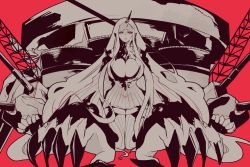 Rule 34 | 10s, 1girl, absurdly long hair, abyssal ship, bad id, bad twitter id, breasts, center opening, claws, cleavage, detached sleeves, dress, garter straps, horns, huge breasts, kantai collection, kneeling, long hair, long sleeves, machinery, oversized forearms, oversized limbs, red background, ribbed dress, ribbed legwear, seaport water oni, short dress, simple background, single horn, solo, thighhighs, turret, very long hair, yu (yzko), zettai ryouiki