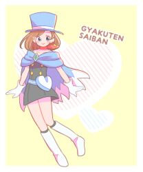 Rule 34 | 1girl, ace attorney, blue eyes, blue hat, blush, boots, brown hair, cape, copyright name, dress, earrings, full body, gloves, hat, heart, jewelry, knee boots, magician, mai8484, red scarf, scarf, short hair, smile, solo, top hat, trucy wright, white gloves